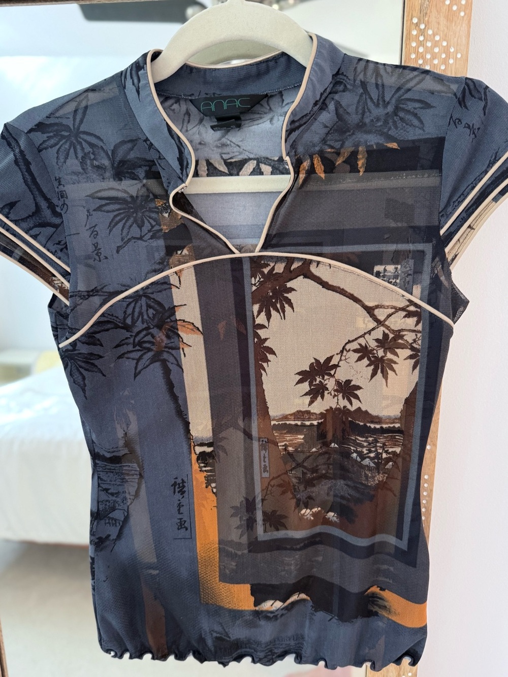 ANAC Y2K Sheer Mesh Graphic Top Japanese Print Gaultier Style S